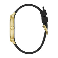 Reloj GUESS con esfera de diamante genuino, caja de acero inoxidable dorado y correa de silicona negra resistente