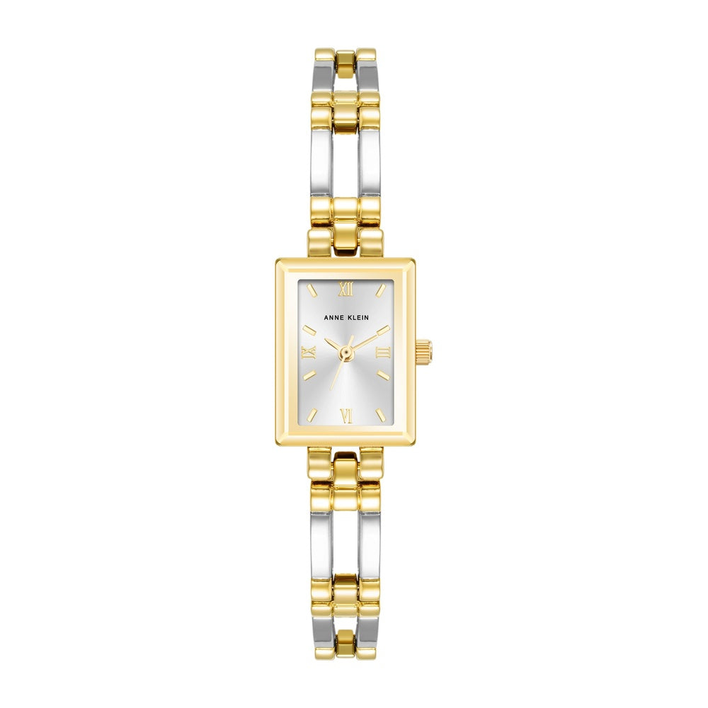 Reloj de pulsera para mujer Anne Klein con diseño bicolor, resistente al agua, esfera plateada y pulsera de metal