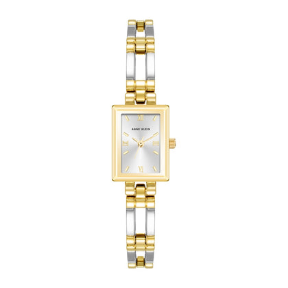 Reloj de pulsera para mujer Anne Klein con diseño bicolor, resistente al agua, esfera plateada y pulsera de metal