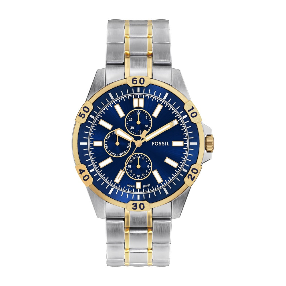 Reloj Fossil Garrett multifuncional de acero inoxidable en dos tonos con estilo deportivo y profundidad resistente al agua