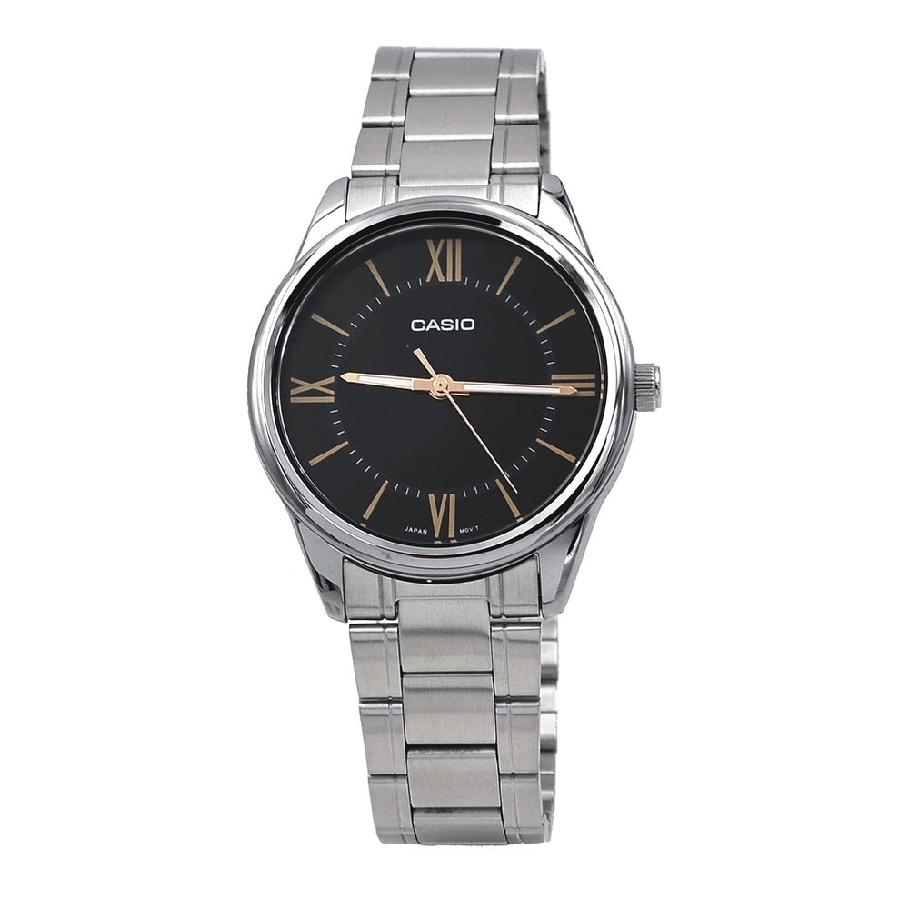Reloj analógico Casio de acero inoxidable con esfera negra romana, movimiento de cuarzo para hombre