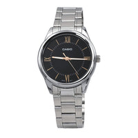 Reloj analógico Casio de acero inoxidable con esfera negra romana, movimiento de cuarzo para hombre