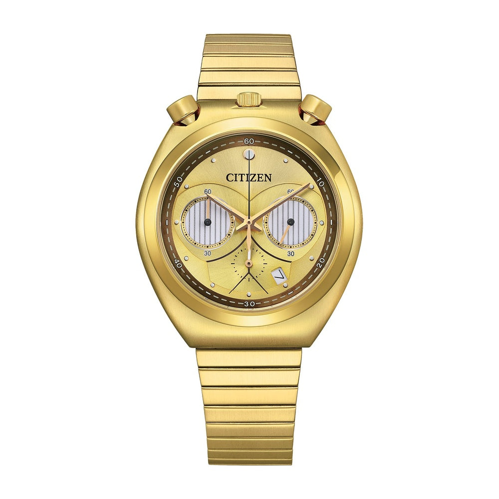 Citizen Reloj de cuarzo Star Wars para hombre inspirado en C-3PO, diseño coleccionable en acero inoxidable dorado