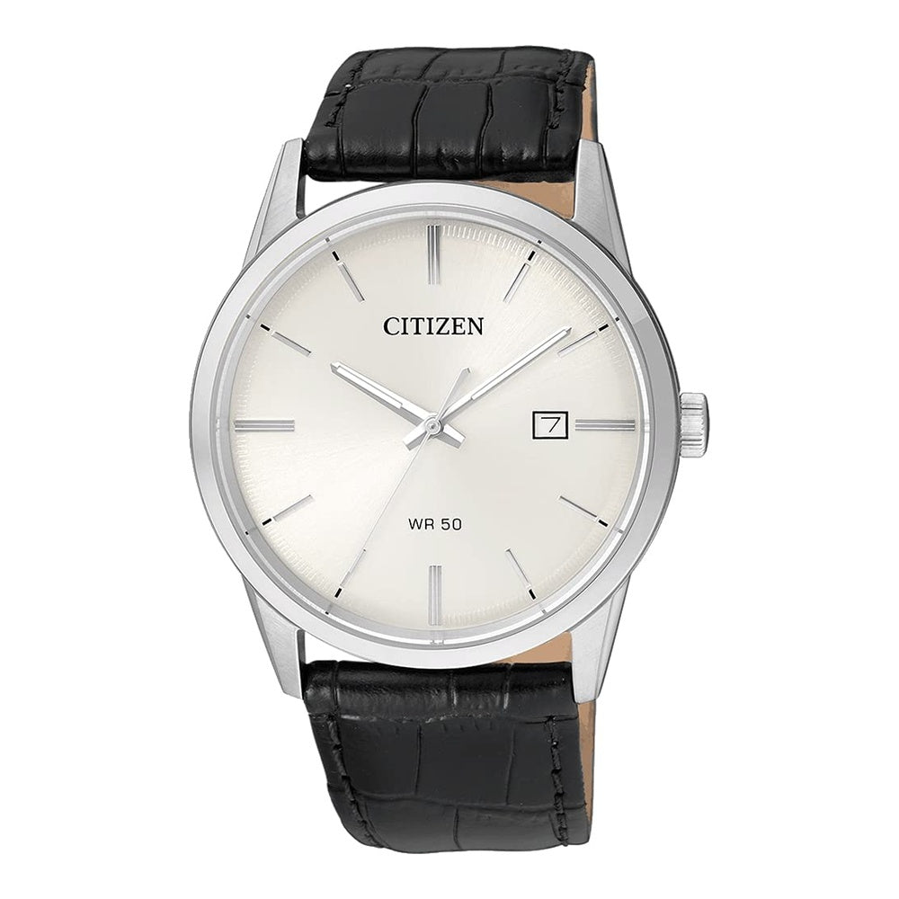 Citizen reloj de hombre, diseño casual, movimiento de cuarzo en acero inoxidable y cuero, color negro, modelo BI5000-01A