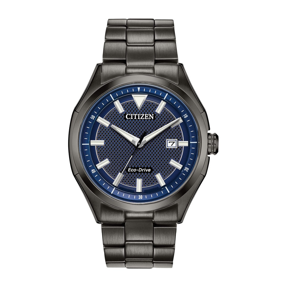 Citizen Reloj Eco-Drive Weekender para hombre en acero inoxidable IP negro, esfera azul, modelo AW1147-52L