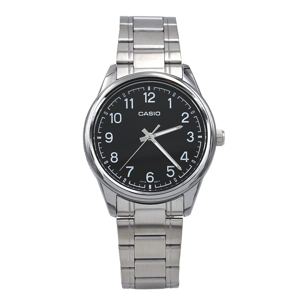Casio MTP-V005D-1B4 Reloj analógico de acero inoxidable para hombre con números de esfera negra, movimiento de cuarzo