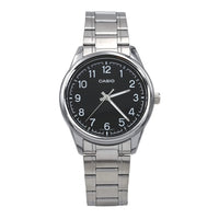 Casio MTP-V005D-1B4 Reloj analógico de acero inoxidable para hombre con números de esfera negra, movimiento de cuarzo