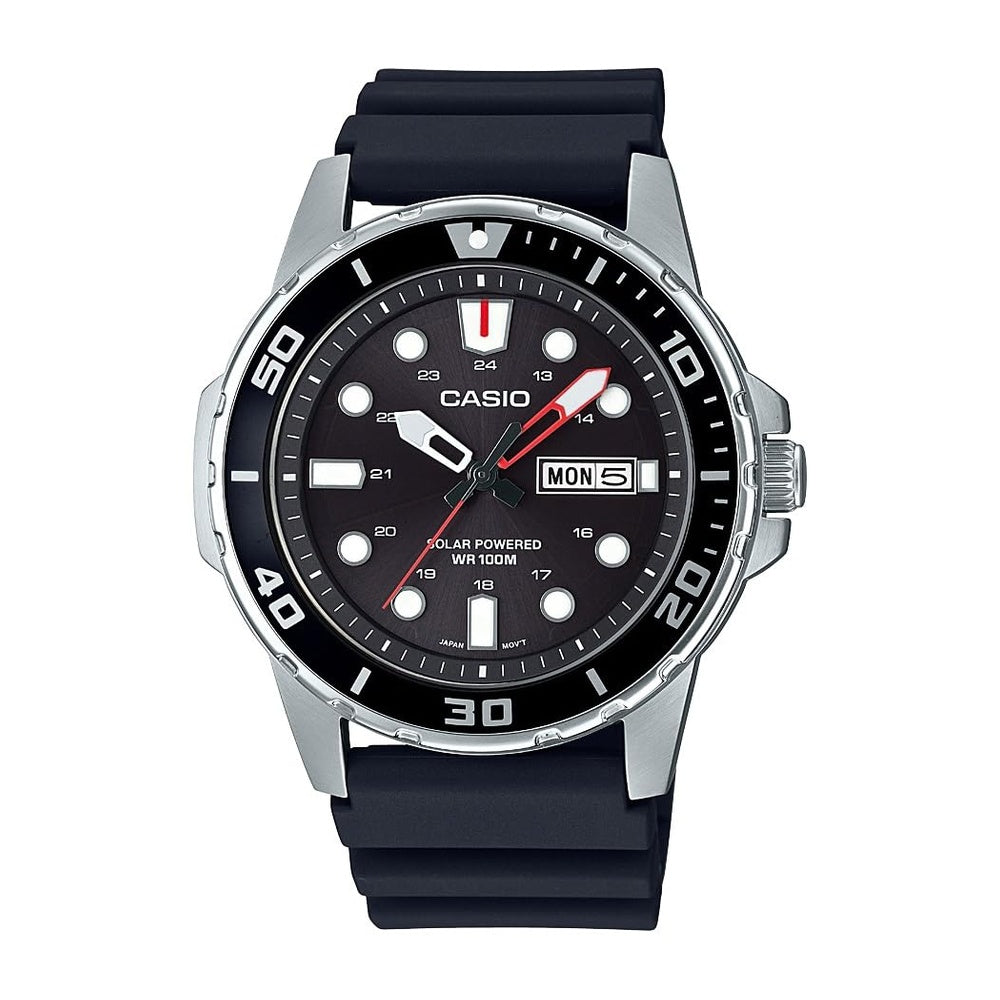 Casio MTPS110 Serie, Reloj análogo unisex con caja de acero inoxidable y estilo de buceo, resistente al agua y energía solar