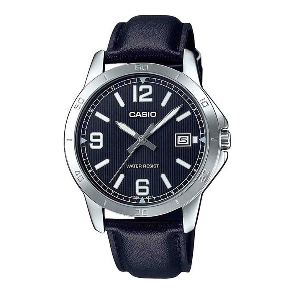 Casio MTP-V004L-1B Reloj de acero inoxidable y correa de cuero negro con esfera negra y función de fecha