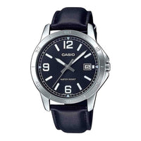 Casio MTP-V004L-1B Reloj de acero inoxidable y correa de cuero negro con esfera negra y función de fecha