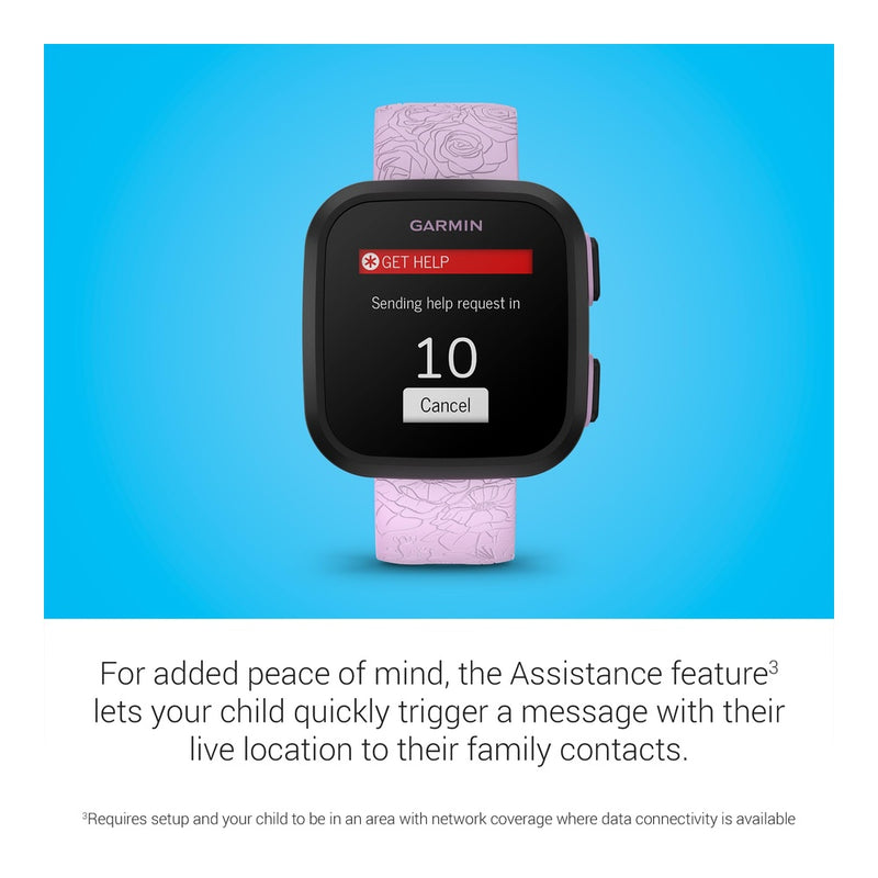 Reloj inteligente Garmin Bounce para niños con texto bidireccional, mensajes de voz y seguimiento de ubicación, lila floral
