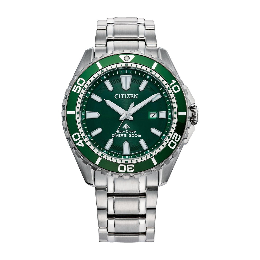 Citizen Eco-Dive Promaster Dive, reloj de pulsera de acero inoxidable plateado para hombre con esfera verde, 3 manecillas y calendario