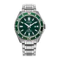 Citizen Eco-Dive Promaster Dive, reloj de pulsera de acero inoxidable plateado para hombre con esfera verde, 3 manecillas y calendario