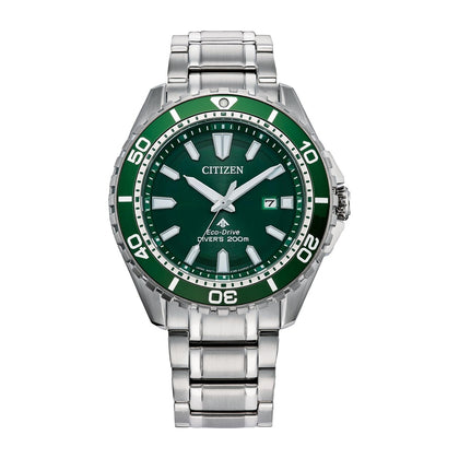 Citizen Eco-Dive Promaster Dive, reloj de pulsera de acero inoxidable plateado para hombre con esfera verde, 3 manecillas y calendario