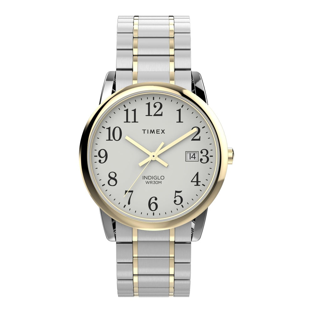 Timex Easy Reader con caja de dos tonos, banda de expansión multicolor, esfera blanca, y resistente al agua