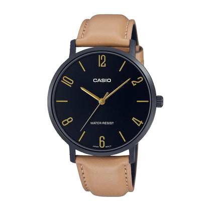 Reloj analógico Casio MTP-VT01BL-1B de cuarzo con esfera negra y correa de cuero estilo minimalista para hombre