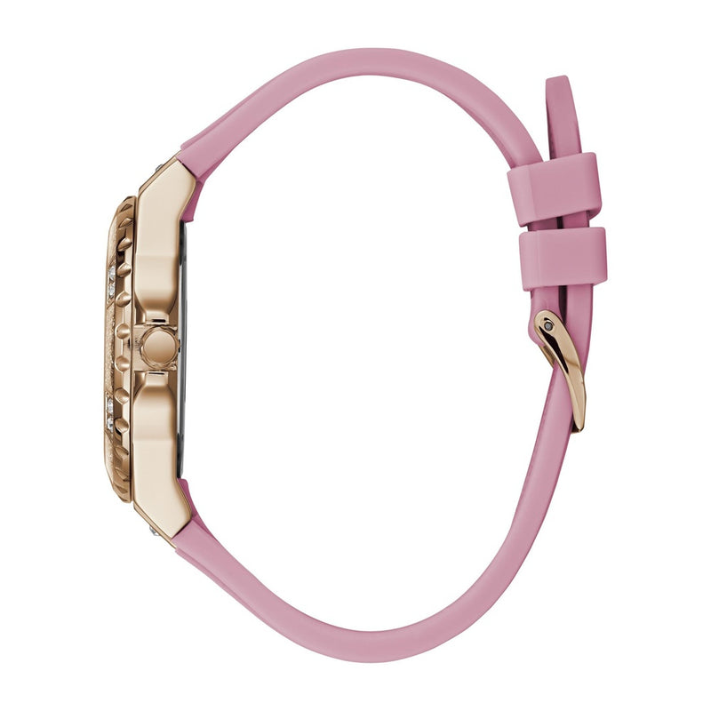 Reloj GUESS de silicona rosa para mujer, resistente al agua, acero inoxidable, cronógrafo y función día-fecha