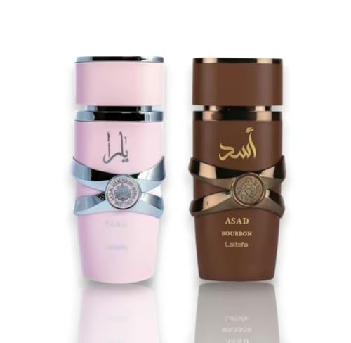 Lattafa Perfumes Yara Pink and Asad Bourbon Eau de Parfum, 100ml, 2 Pack Bundle
