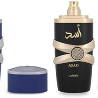 Lattafa Asad Edición del 5º Aniversario – Picante, Amadeirado, Ámbar, Dulce – Set de Regalo de 2 Piezas de Eau de Parfum para Hombre (Asad + Asad Zanzibar, 2 × 100 ml / 3.4 Onzas Spray)