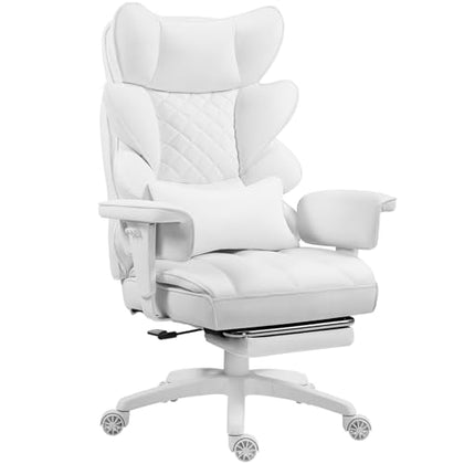 Dowinx Big and Tall Office Chair with Pocket Spring Cushion,High Back Computer Gaming Chairs with Adjustable Armrests and Lumbar Support,Executive Desk Chairs with Footrest(PU Leather,White)