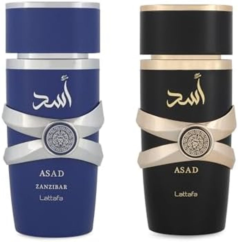 Lattafa Asad Edición del 5º Aniversario – Picante, Amadeirado, Ámbar, Dulce – Set de Regalo de 2 Piezas de Eau de Parfum para Hombre (Asad + Asad Zanzibar, 2 × 100 ml / 3.4 Onzas Spray)
