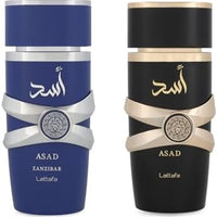 Lattafa Asad Edición del 5º Aniversario – Picante, Amadeirado, Ámbar, Dulce – Set de Regalo de 2 Piezas de Eau de Parfum para Hombre (Asad + Asad Zanzibar, 2 × 100 ml / 3.4 Onzas Spray)