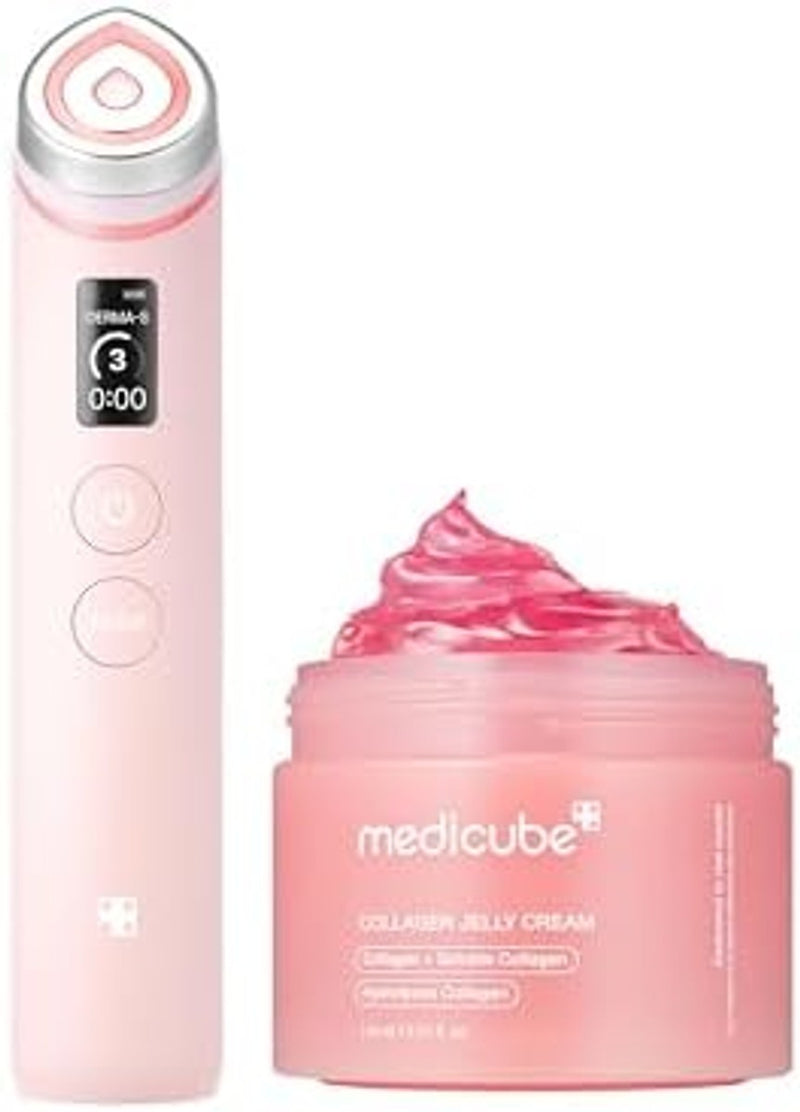 Visita la tienda de medicube medicube Set de cuidado de la piel rosa para piel brillante de vidrio: Age-R Booster Pro Pink | Masajeador de belleza de brillo de cristal real 6 en 1 y crema de gelatina de colágeno - niacinamida y