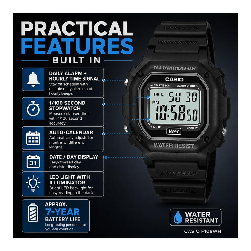 Reloj digital Casio F108WH para hombres, resistente al agua, alarma diaria, cronómetro LED, precisión 30 segundos al mes