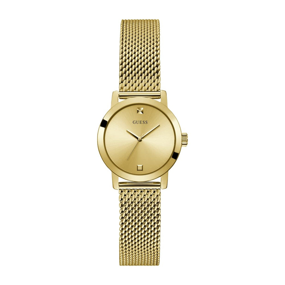 GUESS Reloj para mujer - Pulsera dorada, caja dorada con esfera champán y marcador de diamante