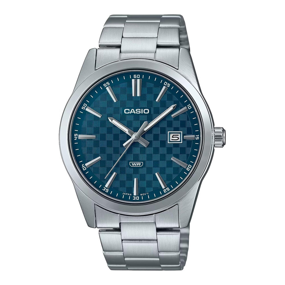 Reloj Casio para hombre, analógico, esfera azul, acero inoxidable, diseño moderno con cierre desplegable