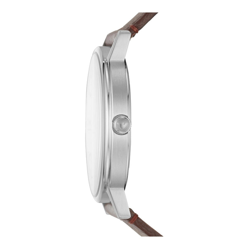 Emporio Armani Reloj de cuero para hombre con tres manecillas, esfera blanca y correa marrón de cuero