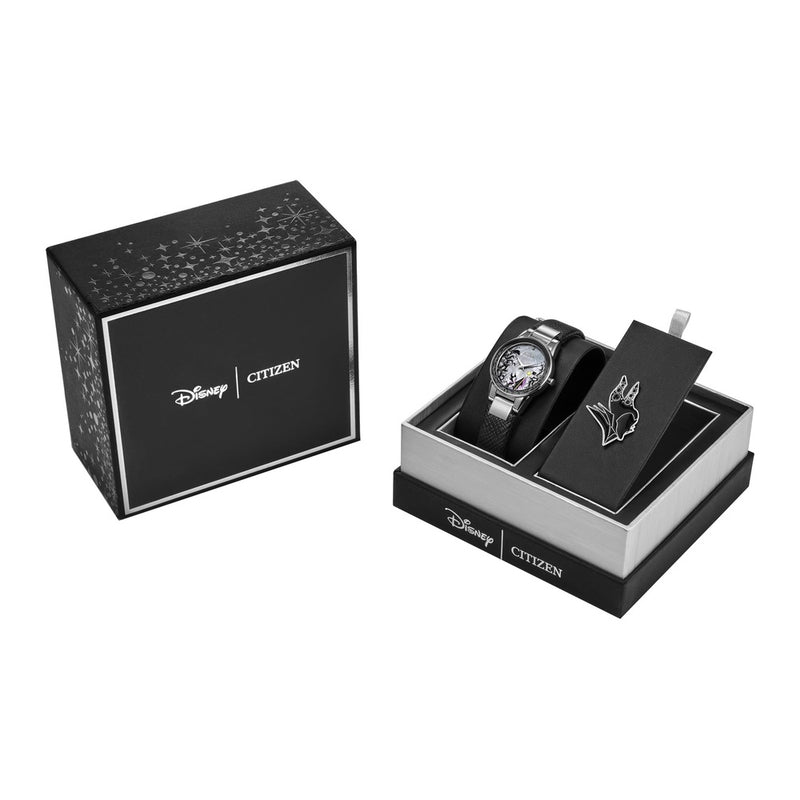 Citizen Eco Drive Maléfica Charm Box Set, Disney Villains, correa de cuero negro, Tono-plateado, Classic