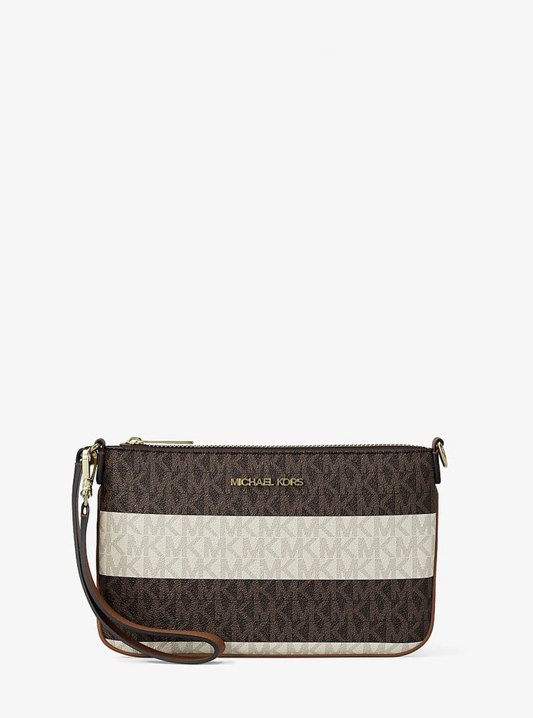 Michael Kors Jet Set Travel Small Striped Signature Logo Convertible Wristlet VANILLA/LUGGAGE
