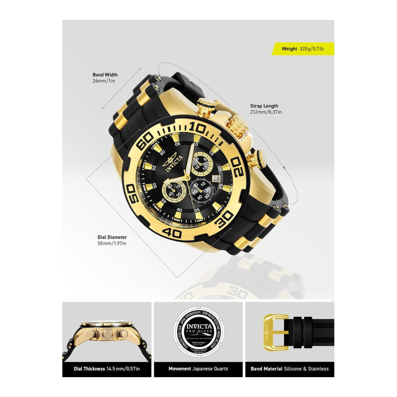 Reloj Invicta Pro Diver cronógrafo de cuarzo negro con pantalla analógica, diseño intrincado y subdiales precisos para hombre