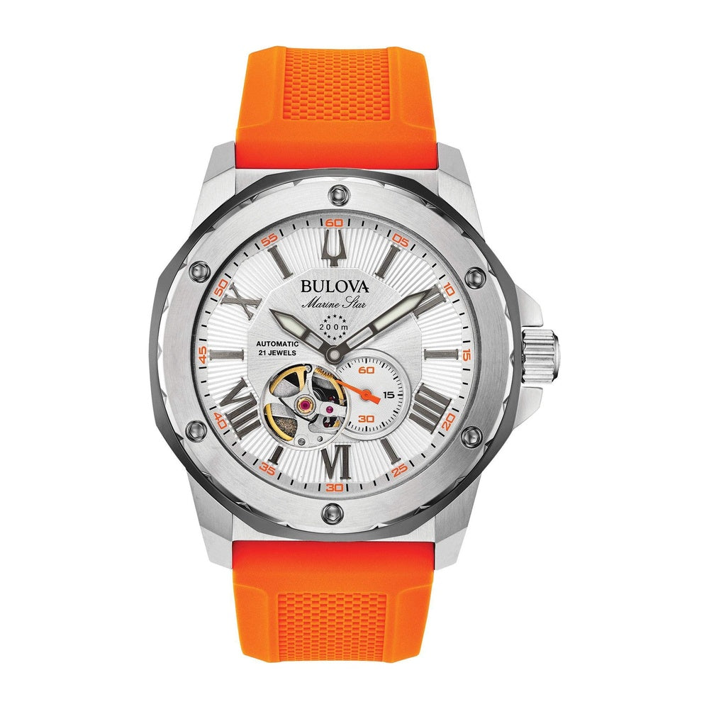Bulova Marine Star 'Series A' Reloj automático para hombre con correa naranja de silicona, estilo moderno y resistente al agua