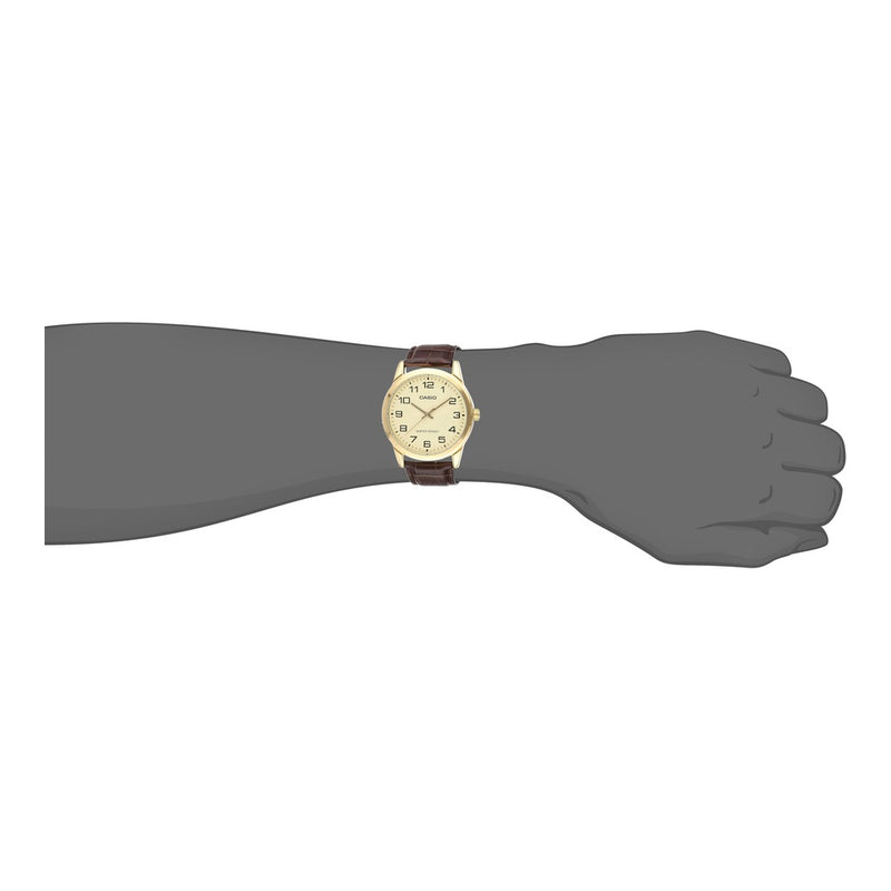 Casio Reloj de cuarzo de acero inoxidable para hombre, correa de cuero marrón, modelo EAW-MTP-V001GL-9B