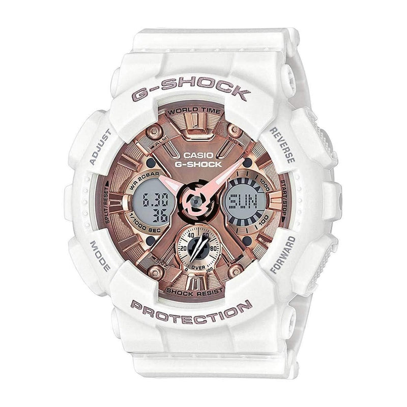 Reloj Casio G-Shock Blanco y Oro Rosa - Resistente al Agua y Golpes, Ideal para Mujer, Modelo GMS-S120MF-7A2CR