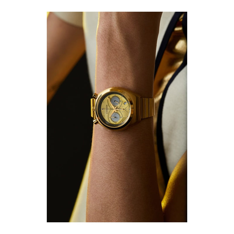 Citizen Reloj de cuarzo Star Wars para hombre inspirado en C-3PO, diseño coleccionable en acero inoxidable dorado
