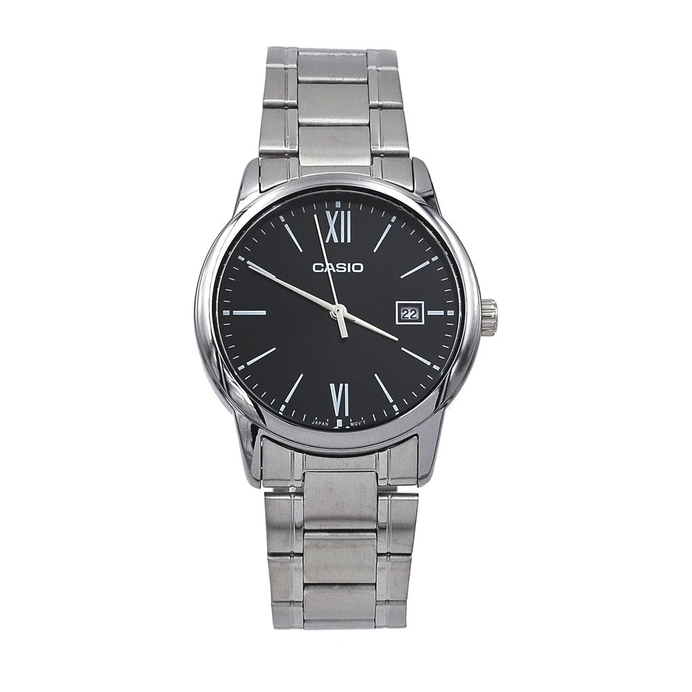 Reloj analógico estándar Casio para hombre, acero inoxidable con esfera negra y función de fecha romana, movimiento japonés