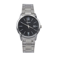 Reloj analógico estándar Casio para hombre, acero inoxidable con esfera negra y función de fecha romana, movimiento japonés