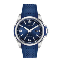 Citizen Reloj Eco-Drive Weekender para hombre en acero inoxidable con correa de poliuretano azul, esfera azul, modelo AW1158-05L
