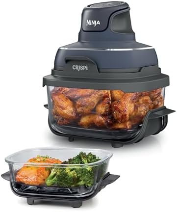 Ninja Crispi 4 in 1 Glass Air Fryer, 450°F, Non Toxic, 4QT and 6 Cup Containers with Lids, Dishwasher Safe, Stone, 1 Count, FN101ST