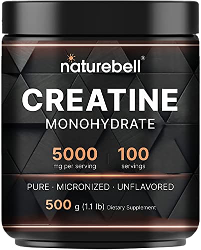 NatureBell Creatine Monohydrate Powder 500g, 5,000mg Per Serving | Micronized, Pure & Unflavored | Pre-Workout Muscle Support | Keto, Vegan, Filler-Free | 100 Servings (1.1 lb)