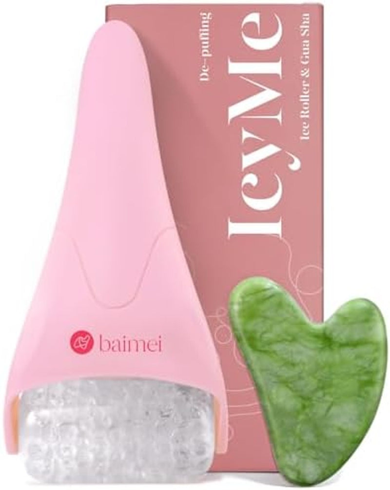 BAIMEI IcyMe - Rodillo de hielo para cara y juego de herramientas faciales Gua Sha, rodillo facial de hielo que reduce la hinchazón, alivia las migrañas, herramientas para el cuidado de la piel