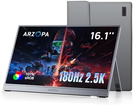 ARZOPA 16.1'' 180Hz 2.5K Portable Monitor, 2560x1440 QHD 107% sRGB Kickstand Portable Gaming Monitor with HDR, Ultra Slim, Eye Care, External Second Screen for Laptop, PC, PS5, Mac, Xbox-Z3FC