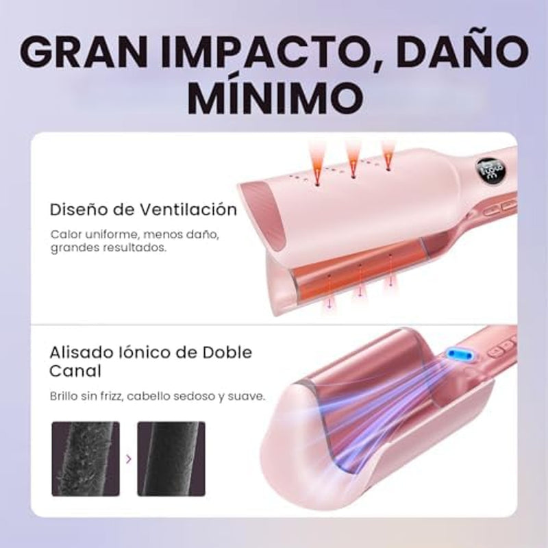 Wavytalk Power Wave - Engarzador de pelo, rizador, diseño de ventilación para menos daños, iónico reduce el encrespamiento, ondulado sin esfuerzo, plancha de doble voltaje, rosa