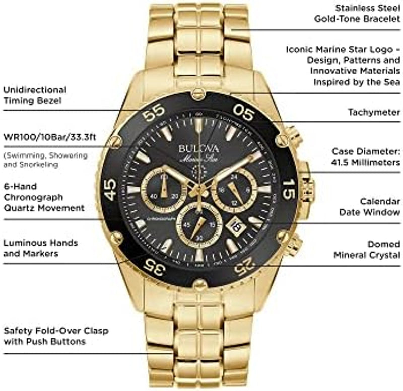 Bulova Men's Marine Star Gold Chronograph Stainless Steel Watch, Black Dial Style: 98B406