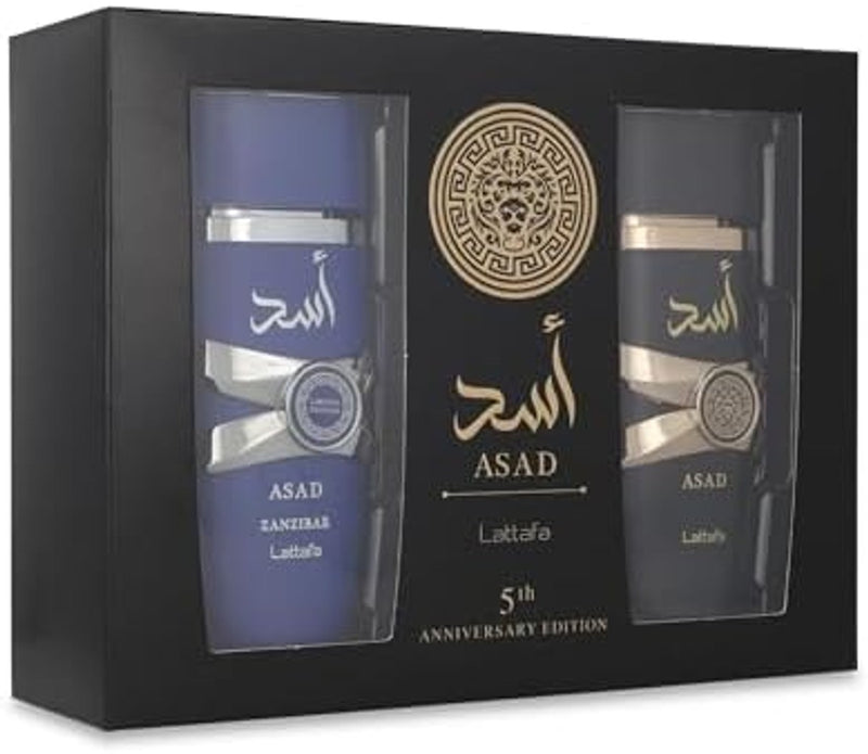 Lattafa Asad Edición del 5º Aniversario – Picante, Amadeirado, Ámbar, Dulce – Set de Regalo de 2 Piezas de Eau de Parfum para Hombre (Asad + Asad Zanzibar, 2 × 100 ml / 3.4 Onzas Spray)