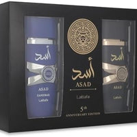 Lattafa Asad Edición del 5º Aniversario – Picante, Amadeirado, Ámbar, Dulce – Set de Regalo de 2 Piezas de Eau de Parfum para Hombre (Asad + Asad Zanzibar, 2 × 100 ml / 3.4 Onzas Spray)
