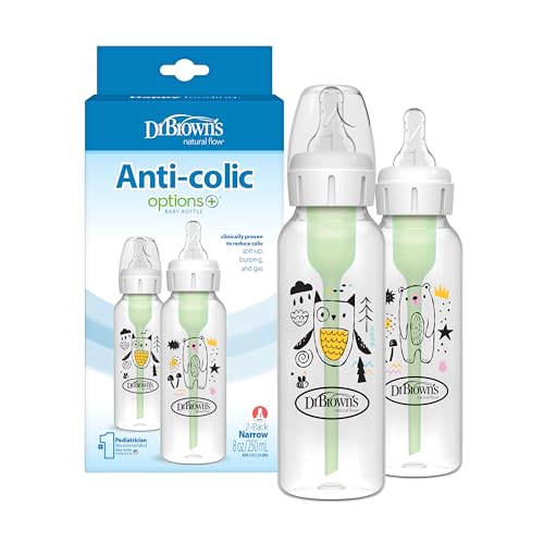 Dr. Brown's Natural Flow Anti-Colic Options+ Narrow Baby Bottle, Frog and Pig, 8 oz/250 mL, with Level 1 Slow Flow Nipple, BPA-Free, 0m+, 2-Pack